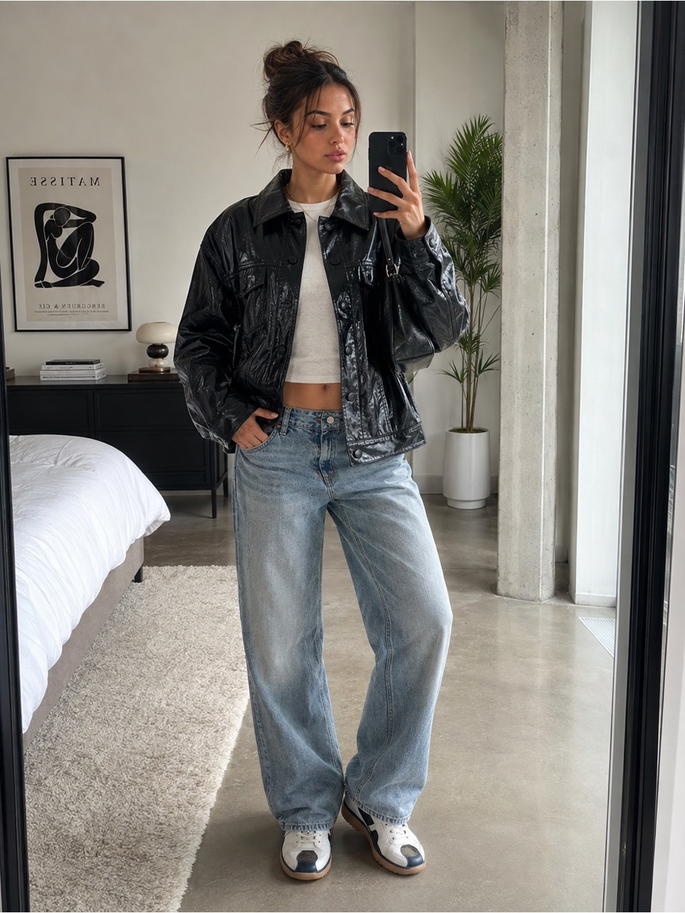 Good American Patent Faux Leather Oversized Trucker Jacket 00/0 XS Black Crinkle
